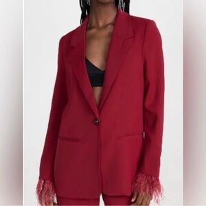 Elegant Red Feather-Trimmed Women's Blazer
